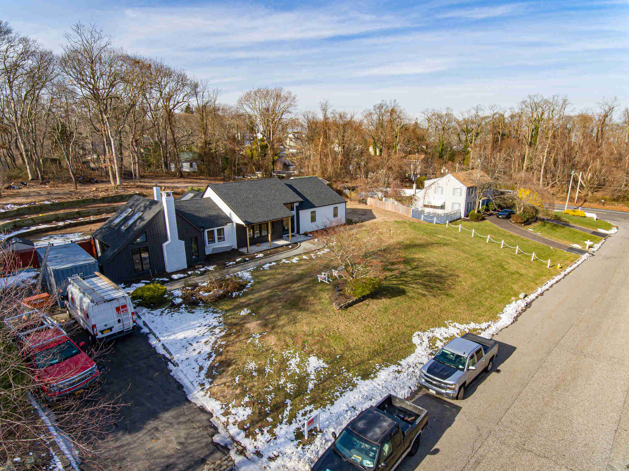 Aerial view of modern custom home built by Long Island Creative Contracting in Miller Place, NY