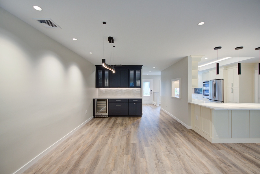Open kitchen and beverage area remodel by Long Island Creative Contracting, Inc. in Port Jefferson, NY